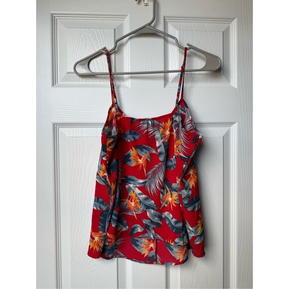 Pink Rose Tank Top Small Women's Red Blue Hawaiian Beachy Floral Buttons - Picture 4 of 4